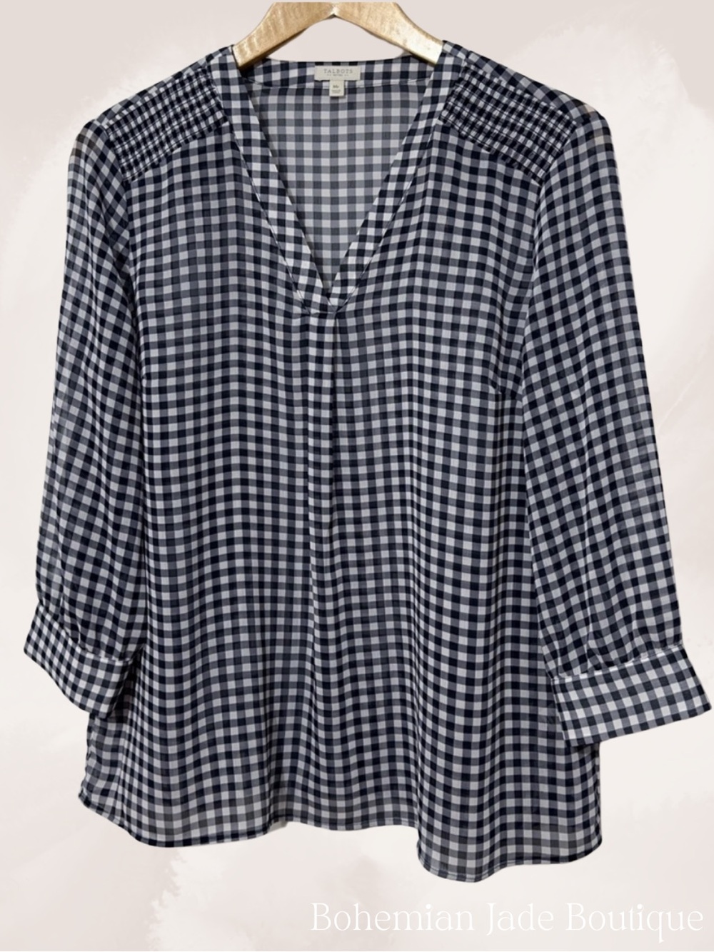 Talbots Navy & White Gingham V-Neck Blouse Women’s Medium Petite 3/4 Sleeve